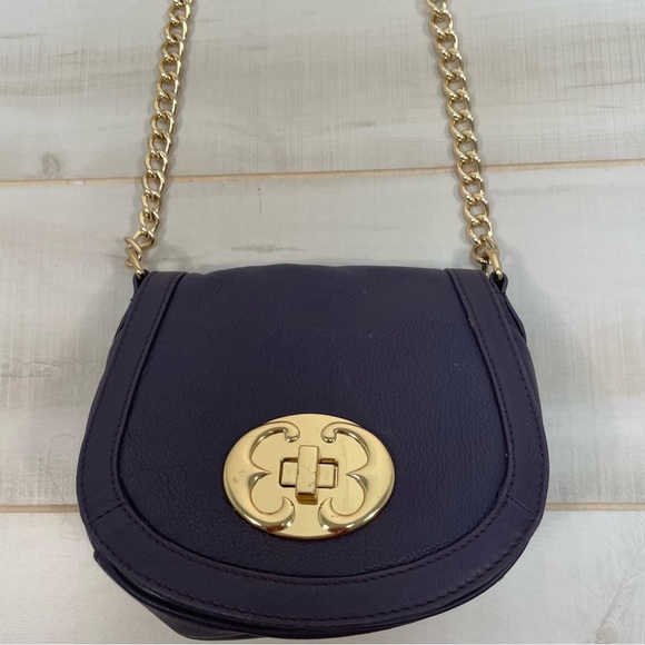 Emma Fox Deep Purple Leather Crossbody Gold Chain Strap Twist Lock - Picture 2 of 9